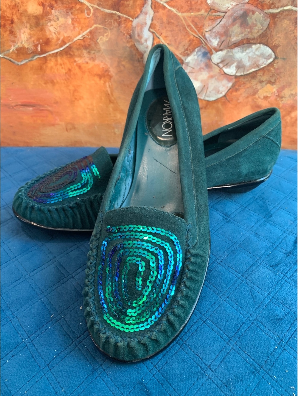 Vintage Markon Holiday Hunter Green Suede Loafers with Blue and Green Sequins.